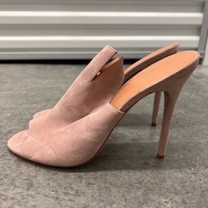 GORGEOUS pink suede heeled HALSTON mules.